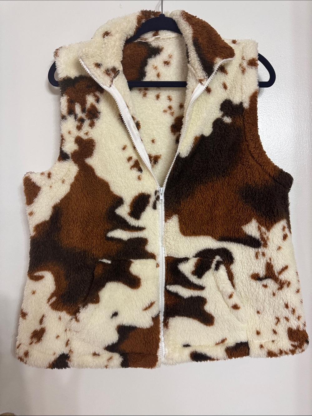Faux Shearling Cow Print Zip Vest - Cream & Brown